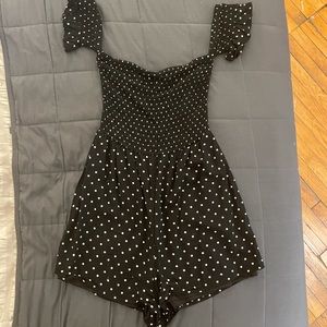 Off-Shoulder Ruched Polka-dot Romper- BLACK AND WHITE